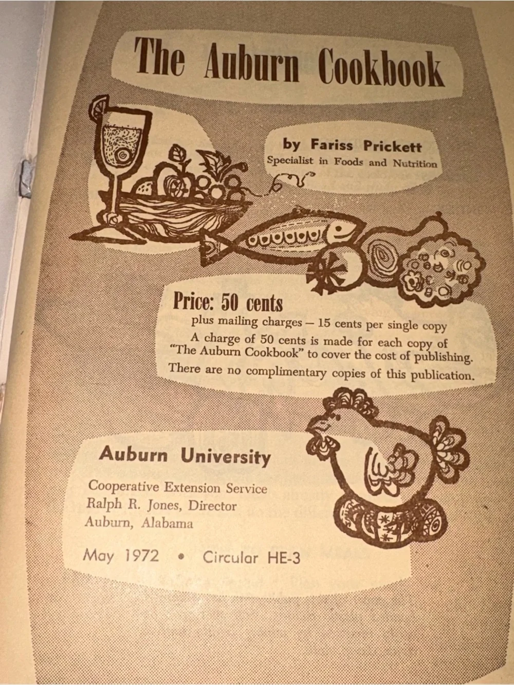 The Auburn Cookbook by Fariss Prickett - Retro Blue & Tan Cover